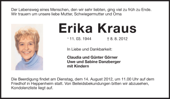 Traueranzeige von Erika Kraus von Starkenburger Echo, Bergsträßer Anzeiger