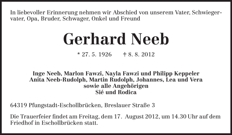  Traueranzeige für Gerhard Neeb vom 11.08.2012 aus Echo-Zeitungen (Gesamtausgabe)