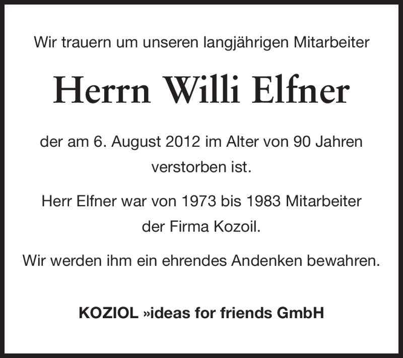  Traueranzeige für Willi Elfner vom 13.08.2012 aus Odenwälder Echo