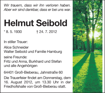 Traueranzeige von Helmut Seibold von Darmstädter Echo, Odenwälder Echo, Rüsselsheimer Echo, Groß-Gerauer-Echo, Ried Echo