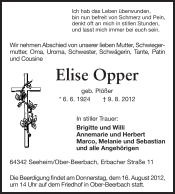 Traueranzeige von Elise Opper von Echo-Zeitungen (Gesamtausgabe)