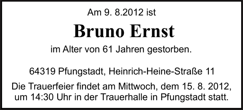  Traueranzeige für Bruno Ernst vom 13.08.2012 aus Echo-Zeitungen (Gesamtausgabe)