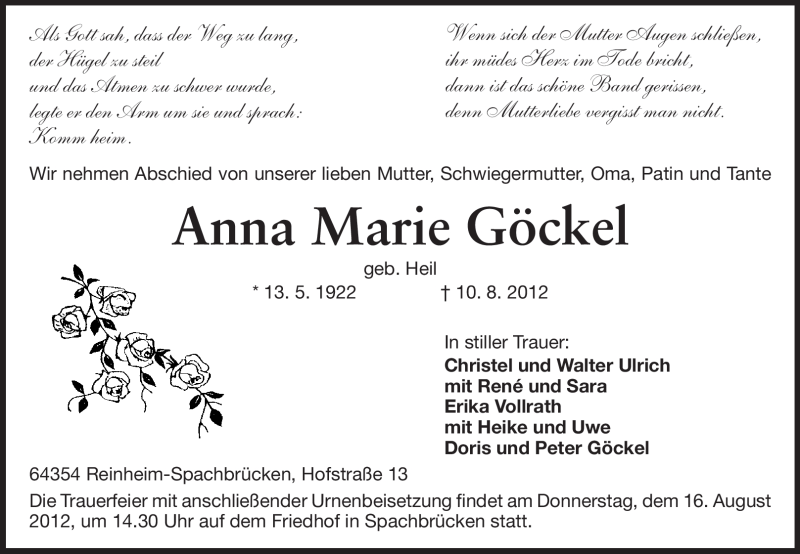  Traueranzeige für Anna Marie Göckel vom 14.08.2012 aus Darmstädter Echo, Odenwälder Echo, Rüsselsheimer Echo, Groß-Gerauer-Echo, Ried Echo