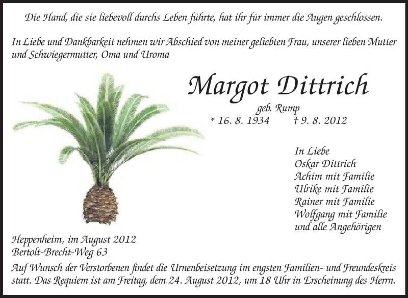 Traueranzeige für Margot Dittrich vom 15.08.2012 aus Starkenburger Echo