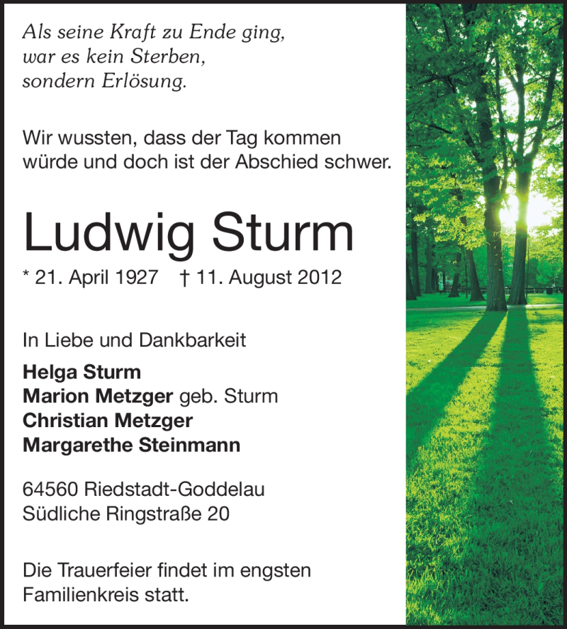  Traueranzeige für Ludwig Sturm vom 14.08.2012 aus Rüsselsheimer Echo, Groß-Gerauer-Echo, Ried Echo