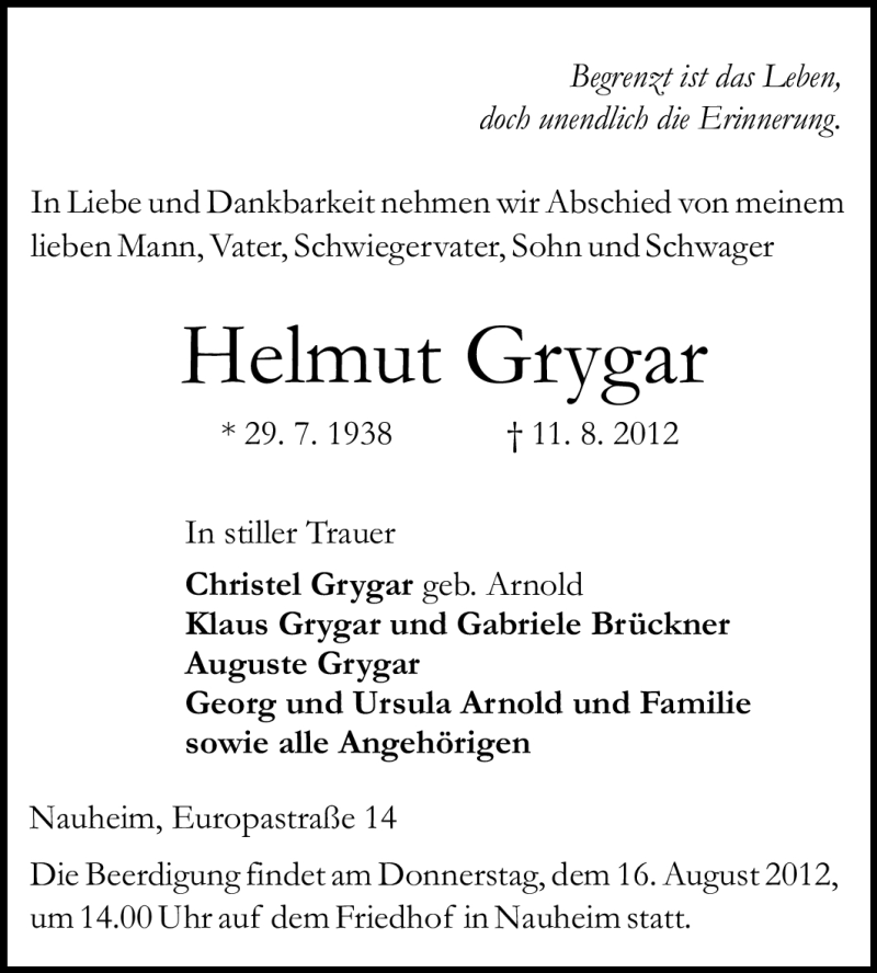  Traueranzeige für Helmut Grygar vom 14.08.2012 aus Rüsselsheimer Echo, Groß-Gerauer-Echo, Ried Echo