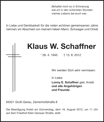 Traueranzeige von Klaus Schaffner von Rüsselsheimer Echo, Groß-Gerauer-Echo, Ried Echo