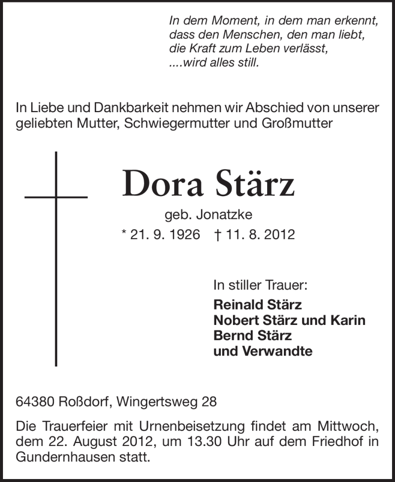  Traueranzeige für Dora Stärz vom 15.08.2012 aus Darmstädter Echo, Odenwälder Echo, Rüsselsheimer Echo, Groß-Gerauer-Echo, Ried Echo