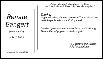 Traueranzeige von Renate Bangert von Starkenburger Echo