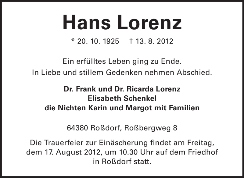  Traueranzeige für Hans Lorenz vom 15.08.2012 aus Echo-Zeitungen (Gesamtausgabe)