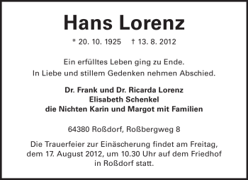 Traueranzeige von Hans Lorenz von Echo-Zeitungen (Gesamtausgabe)