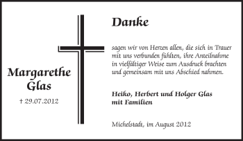 Traueranzeige von Margarethe Glas von Odenwälder Echo