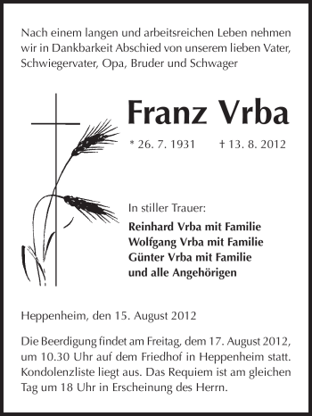 Traueranzeige von Franz Vrba von Starkenburger Echo