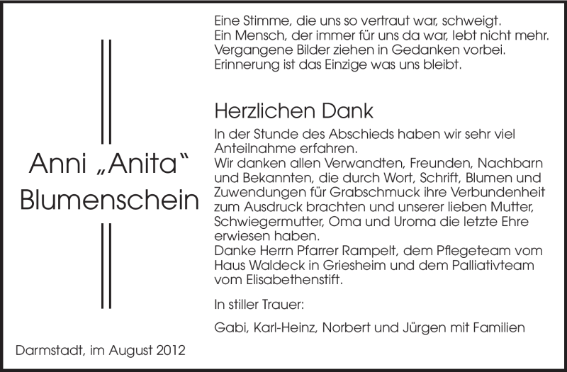  Traueranzeige für Anni Blumenschein vom 18.08.2012 aus Echo-Zeitungen (Gesamtausgabe)