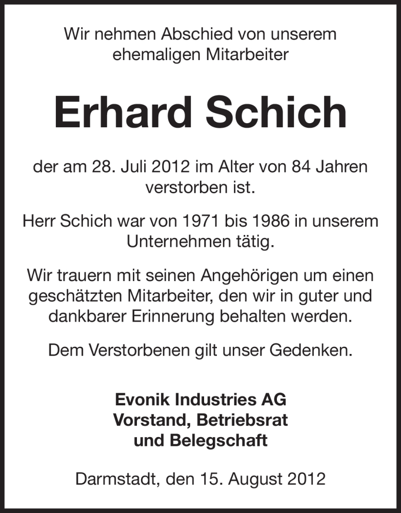  Traueranzeige für Erhard Schich vom 15.08.2012 aus Echo-Zeitungen (Gesamtausgabe)