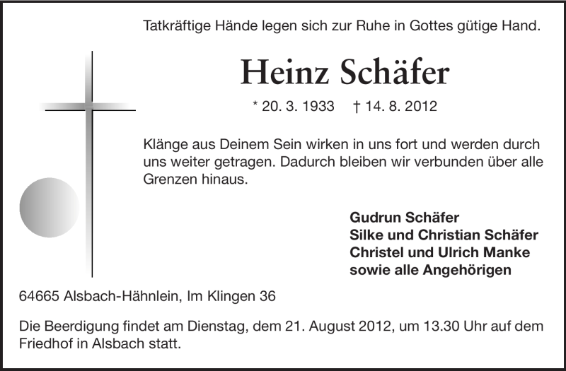  Traueranzeige für Heinz Schäfer vom 17.08.2012 aus Echo-Zeitungen (Gesamtausgabe)