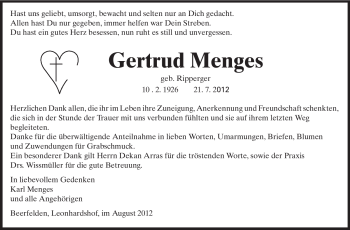 Traueranzeige von Gertrud Menges von Odenwälder Echo