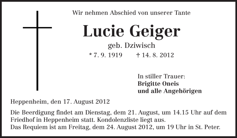  Traueranzeige für Lucie Geiger vom 17.08.2012 aus Starkenburger Echo