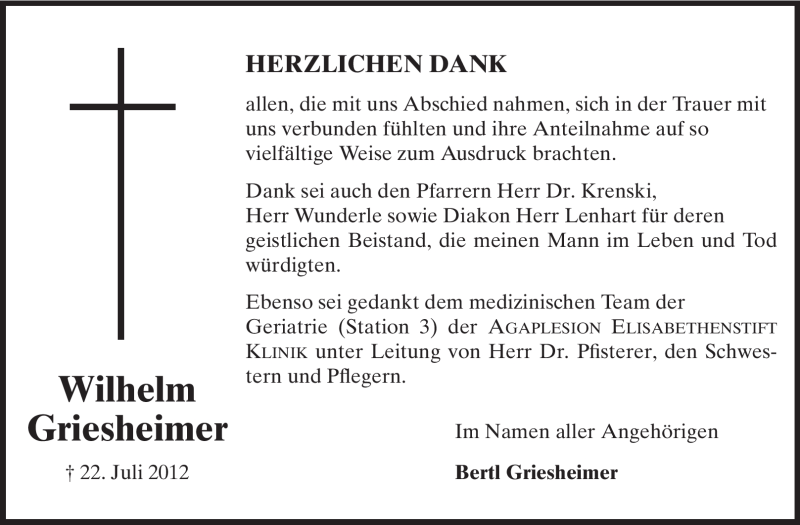  Traueranzeige für Wilhelm Griesheimer vom 18.08.2012 aus Echo-Zeitungen (Gesamtausgabe)