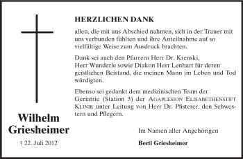 Traueranzeige von Wilhelm Griesheimer von Echo-Zeitungen (Gesamtausgabe)