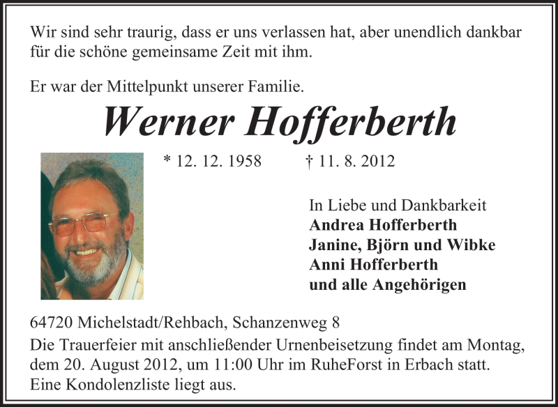  Traueranzeige für Werner Hofferberth vom 16.08.2012 aus Odenwälder Echo