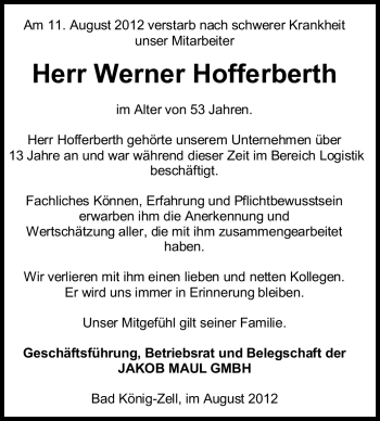 Traueranzeige von Werner Hofferberth von Odenwälder Echo