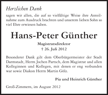 Traueranzeige von Hans-Peter Günther von Echo-Zeitungen (Gesamtausgabe)