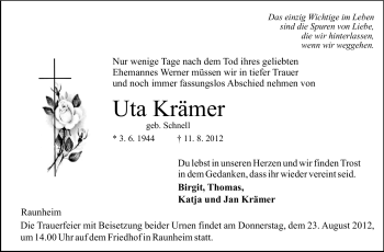 Traueranzeige von Uta Krämer von Rüsselsheimer Echo, Groß-Gerauer-Echo, Ried Echo