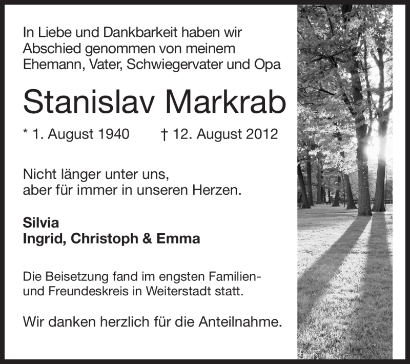  Traueranzeige für Stanislav Markrab vom 18.08.2012 aus Echo-Zeitungen (Gesamtausgabe)