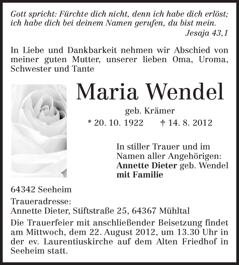  Traueranzeige für Marie Wendel vom 18.08.2012 aus Echo-Zeitungen (Gesamtausgabe)