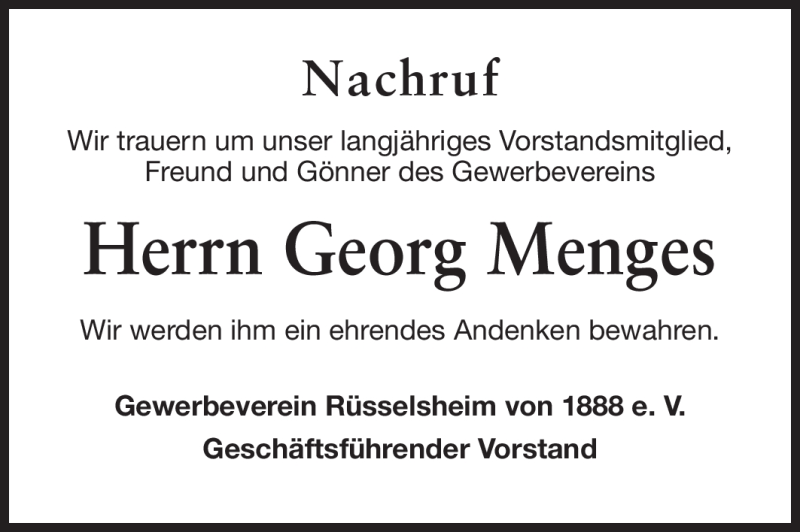  Traueranzeige für Georg Menges vom 17.08.2012 aus Rüsselsheimer Echo, Groß-Gerauer-Echo, Ried Echo