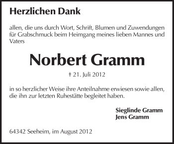 Traueranzeige von Norbert Gramm von Echo-Zeitungen (Gesamtausgabe)