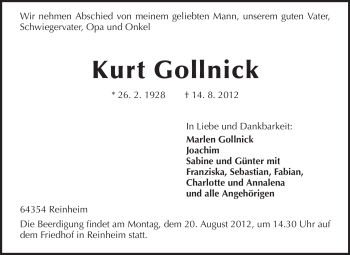 Traueranzeige von Kurt Gollnick von Darmstädter Echo, Odenwälder Echo, Rüsselsheimer Echo, Groß-Gerauer-Echo, Ried Echo