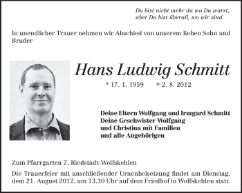Traueranzeige von Hans Ludwig Schmitt von Rüsselsheimer Echo, Groß-Gerauer-Echo, Ried Echo