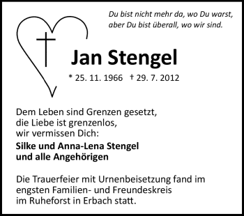 Traueranzeige von Jan Stengel von Odenwälder Echo