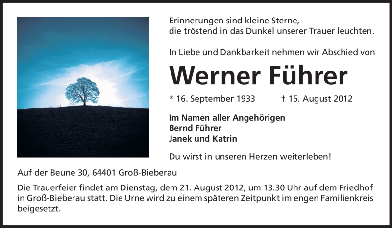  Traueranzeige für Werner Führer vom 18.08.2012 aus Echo-Zeitungen (Gesamtausgabe)