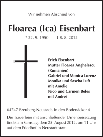 Traueranzeige von Floarea Eisenbart von Odenwälder Echo