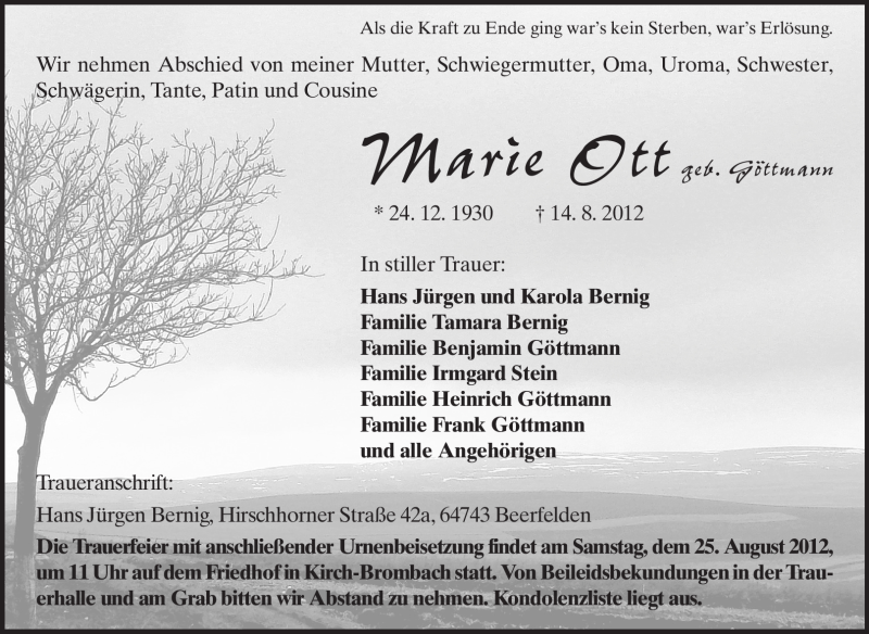  Traueranzeige für Marie Ott vom 23.08.2012 aus Odenwälder Echo