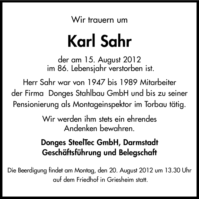  Traueranzeige für Karl Sahr vom 18.08.2012 aus Echo-Zeitungen (Gesamtausgabe)