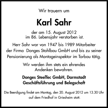 Traueranzeige von Karl Sahr von Echo-Zeitungen (Gesamtausgabe)