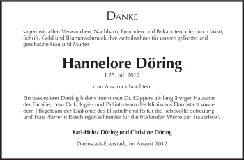 Traueranzeige von Hannelore Döring von Echo-Zeitungen (Gesamtausgabe)
