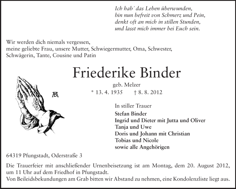 Traueranzeige für Friederike Binder vom 18.08.2012 aus Echo-Zeitungen (Gesamtausgabe)