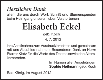 Traueranzeige von Elisabeth Eckel von Odenwälder Echo