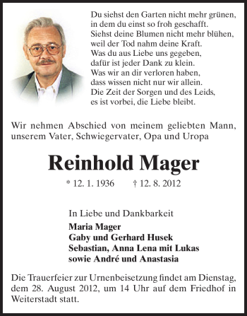Traueranzeige von Reinhold Mager von Darmstädter Echo, Odenwälder Echo, Rüsselsheimer Echo, Groß-Gerauer-Echo, Ried Echo