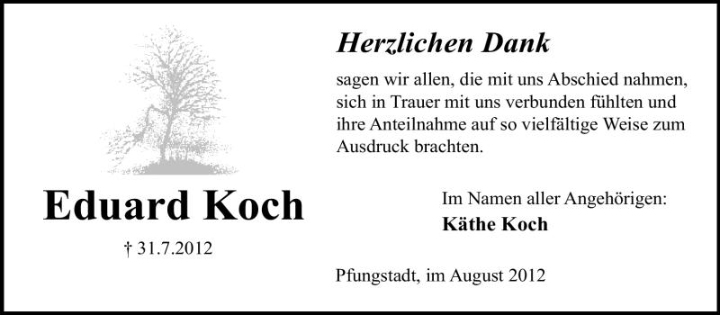  Traueranzeige für Eduard Koch vom 18.08.2012 aus Echo-Zeitungen (Gesamtausgabe)