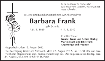 Traueranzeige von Barbara Frank von Starkenburger Echo