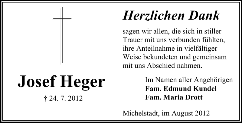  Traueranzeige für Josef Heger vom 18.08.2012 aus Odenwälder Echo