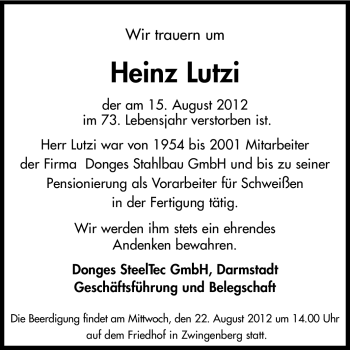 Traueranzeige von Heinz Lutzi von Echo-Zeitungen (Gesamtausgabe)