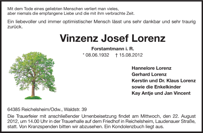  Traueranzeige für Vinzenz Josef Lorenz vom 18.08.2012 aus Odenwälder Echo