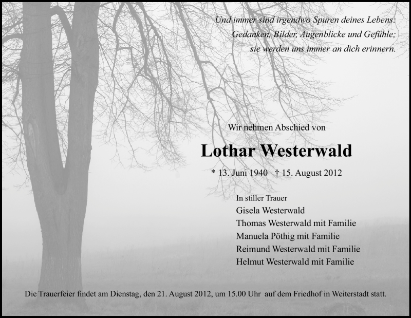  Traueranzeige für Lothar Westerwald vom 18.08.2012 aus Echo-Zeitungen (Gesamtausgabe)